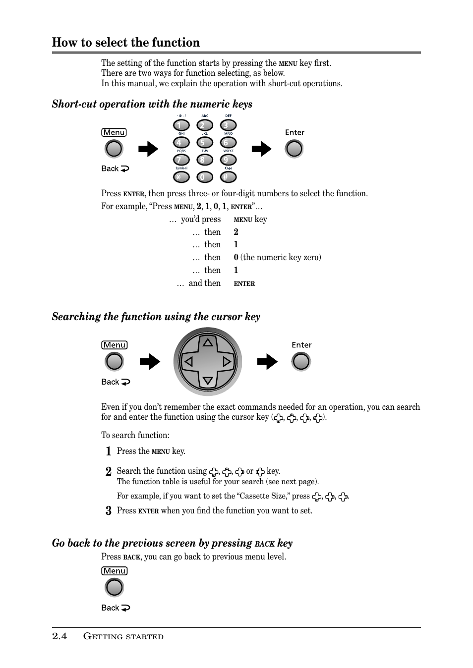 How to select the function, Short-cut operation with the numeric keys, Searching the function using the cursor key | Go back to the previous screen by pressing | Muratec PLAIN-PAPER DIGITAL FAX/COPIER/PRINTER/SCANNER MFX-1330 User Manual | Page 40 / 189