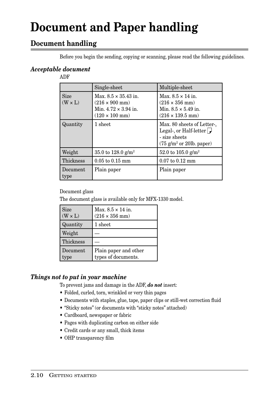 Document and paper handling, Document handling, Acceptable document | Things not to put in your machine | Muratec PLAIN-PAPER DIGITAL FAX/COPIER/PRINTER/SCANNER MFX-1330 User Manual | Page 46 / 189