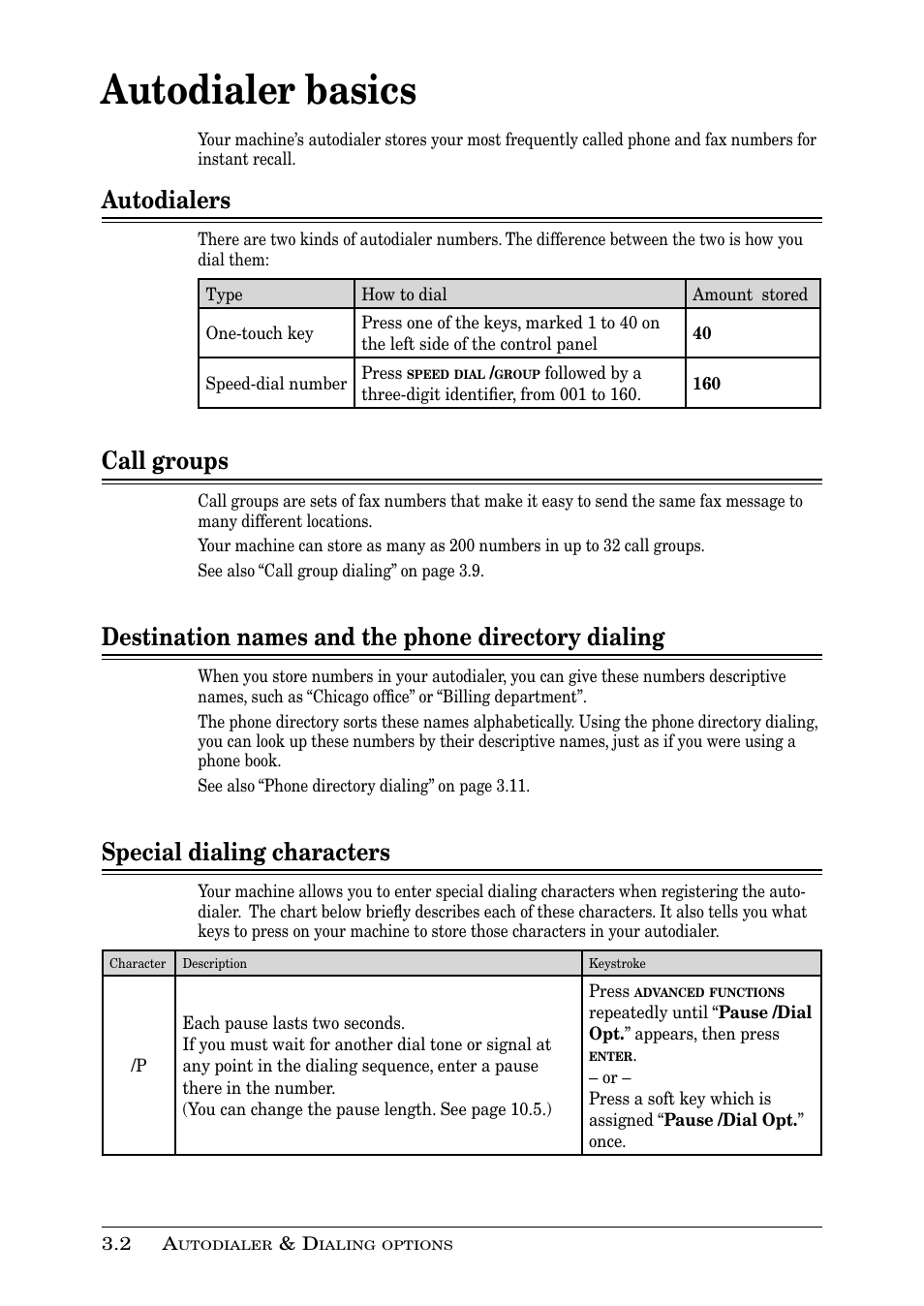 Autodialer basics, Autodialers, Call groups | Destination names and the phone directory dialing, Special dialing characters | Muratec PLAIN-PAPER DIGITAL FAX/COPIER/PRINTER/SCANNER MFX-1330 User Manual | Page 54 / 189