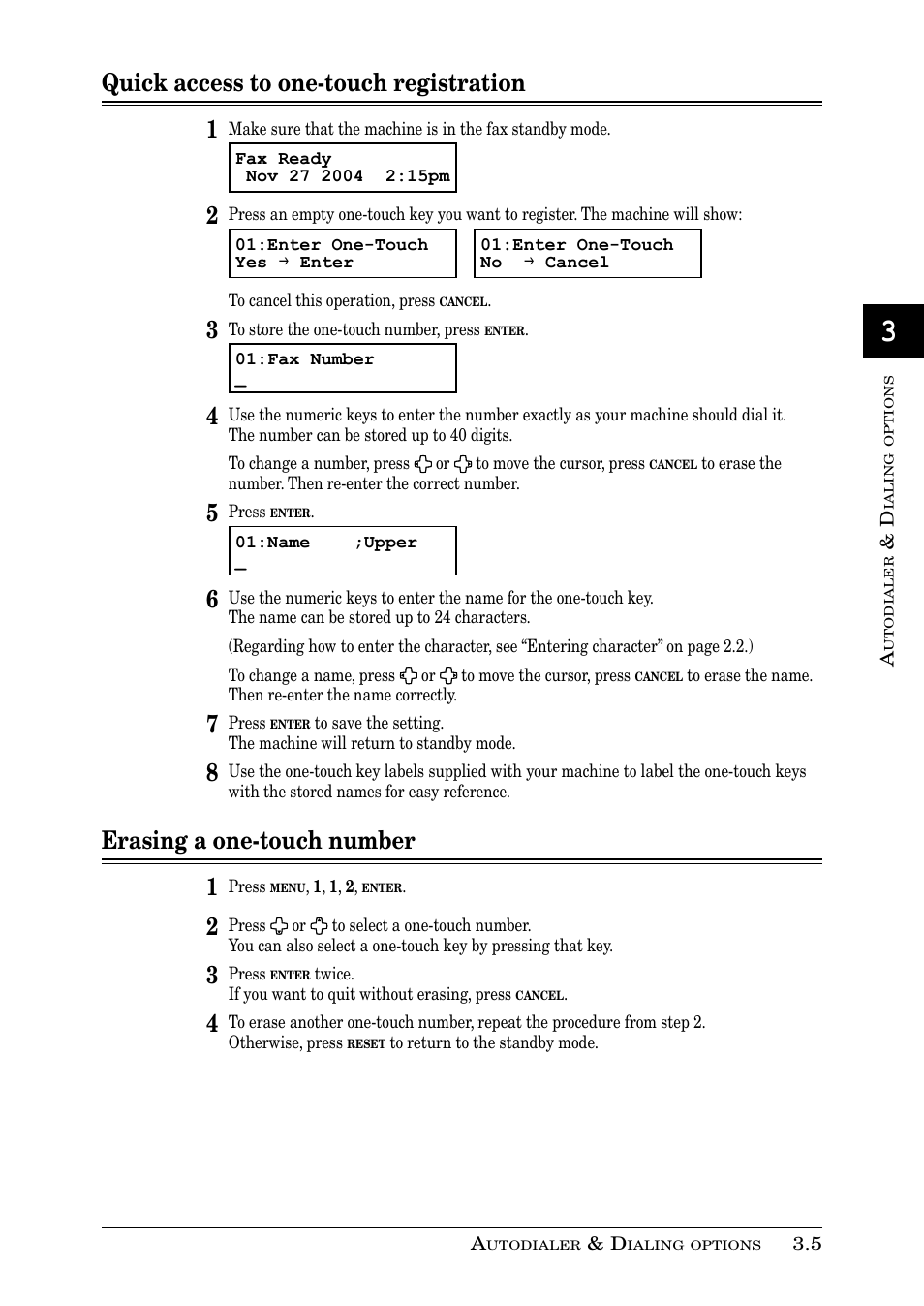 Quick access to one-touch registration 1, Erasing a one-touch number 1 | Muratec PLAIN-PAPER DIGITAL FAX/COPIER/PRINTER/SCANNER MFX-1330 User Manual | Page 57 / 189
