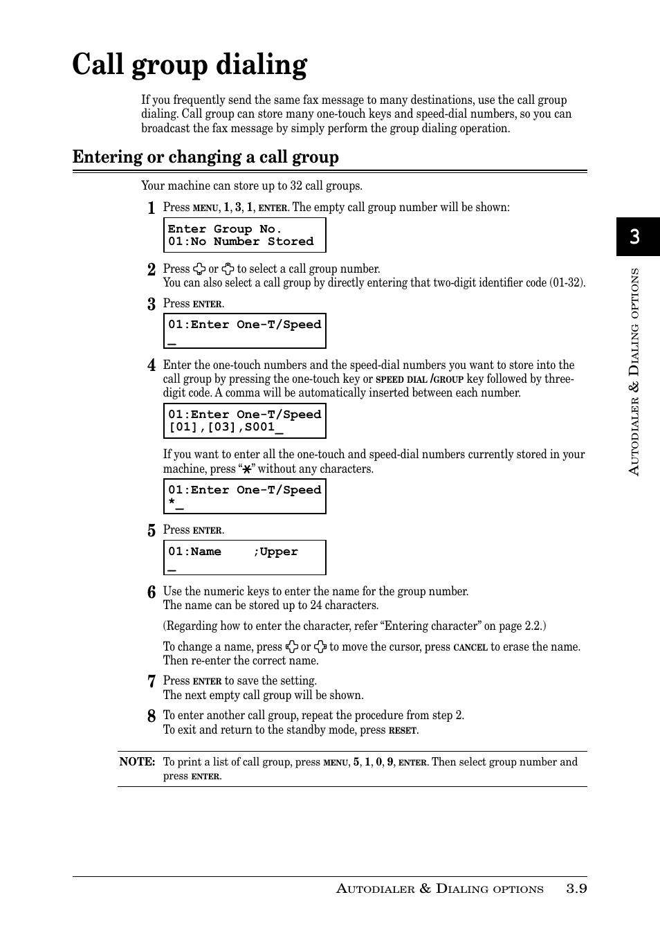 Call group dialing, Entering or changing a call group | Muratec PLAIN-PAPER DIGITAL FAX/COPIER/PRINTER/SCANNER MFX-1330 User Manual | Page 61 / 189