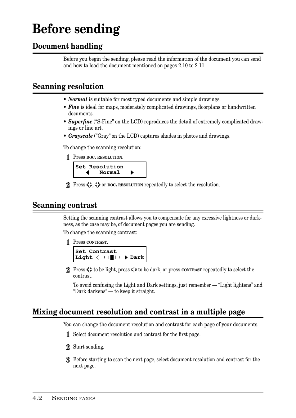 Before sending, Document handling, Scanning resolution | Scanning contrast | Muratec PLAIN-PAPER DIGITAL FAX/COPIER/PRINTER/SCANNER MFX-1330 User Manual | Page 66 / 189