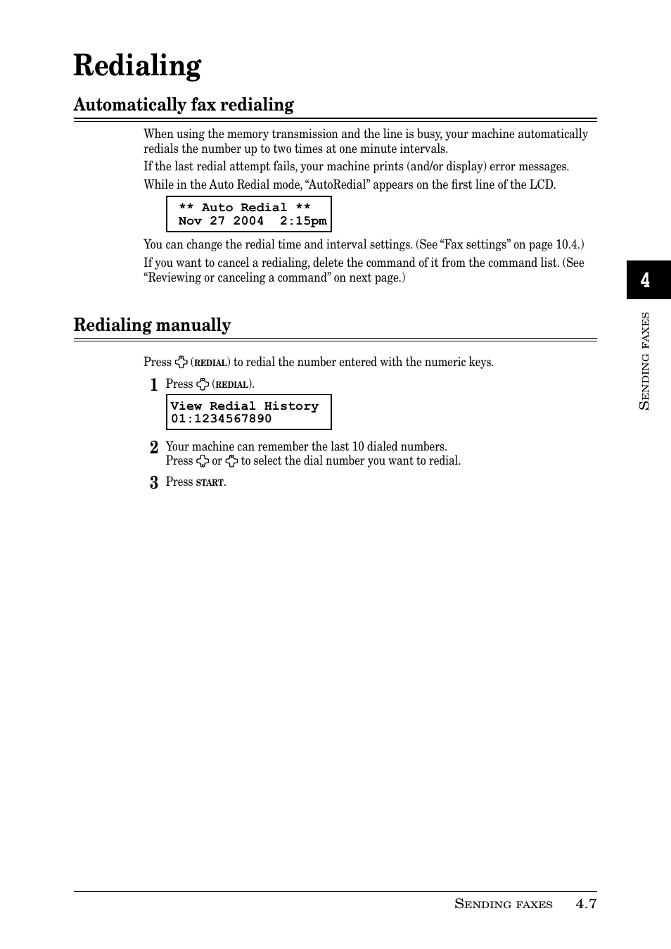 Redialing, Automatically fax redialing, Redialing manually | Muratec PLAIN-PAPER DIGITAL FAX/COPIER/PRINTER/SCANNER MFX-1330 User Manual | Page 71 / 189