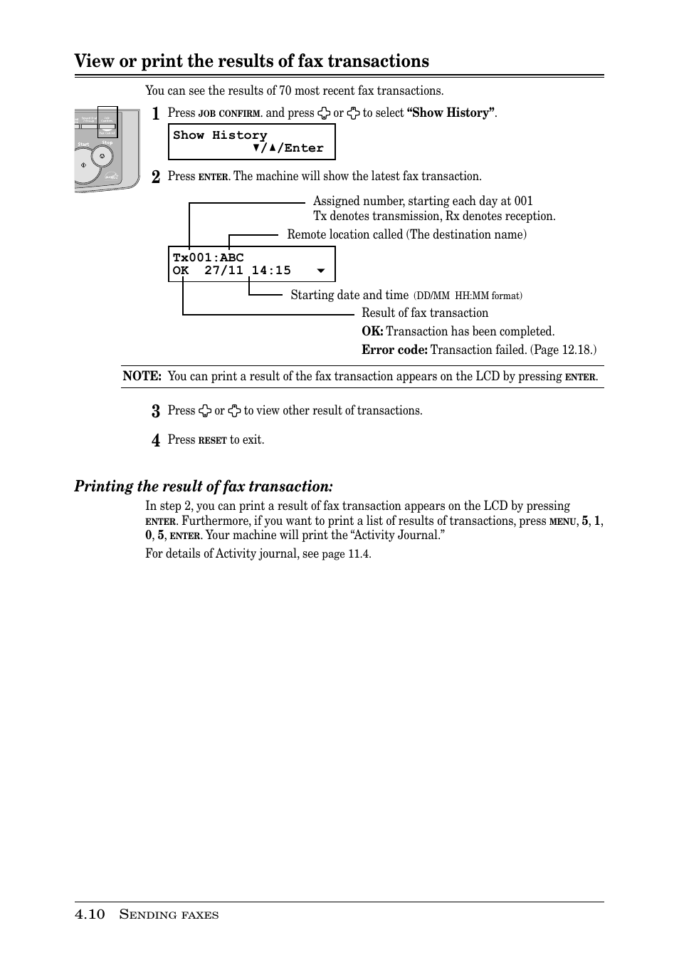 View or print the results of fax transactions, Printing the result of fax transaction | Muratec PLAIN-PAPER DIGITAL FAX/COPIER/PRINTER/SCANNER MFX-1330 User Manual | Page 74 / 189