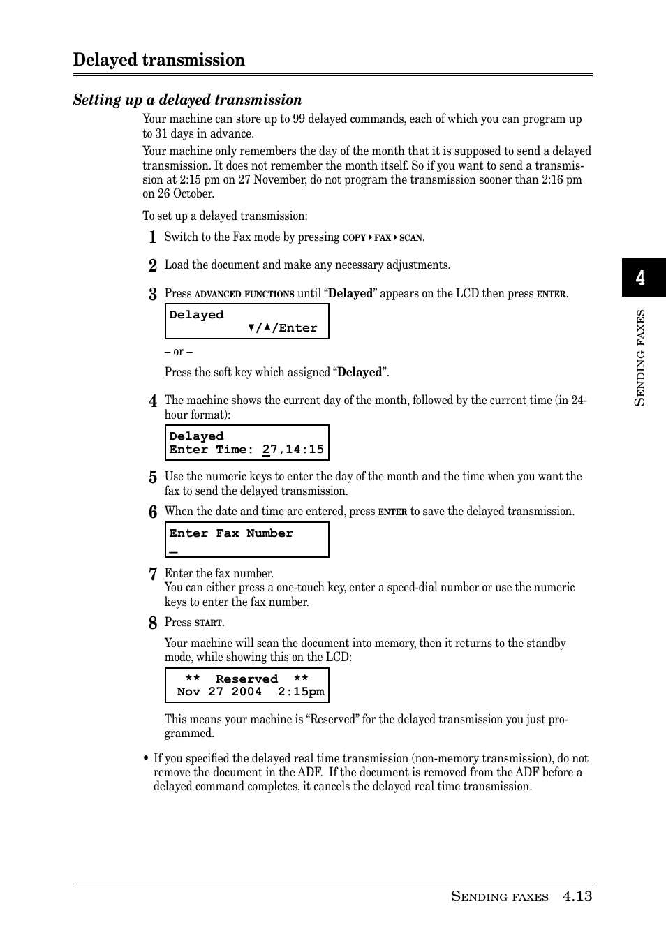 Delayed transmission, Setting up a delayed transmission | Muratec PLAIN-PAPER DIGITAL FAX/COPIER/PRINTER/SCANNER MFX-1330 User Manual | Page 77 / 189