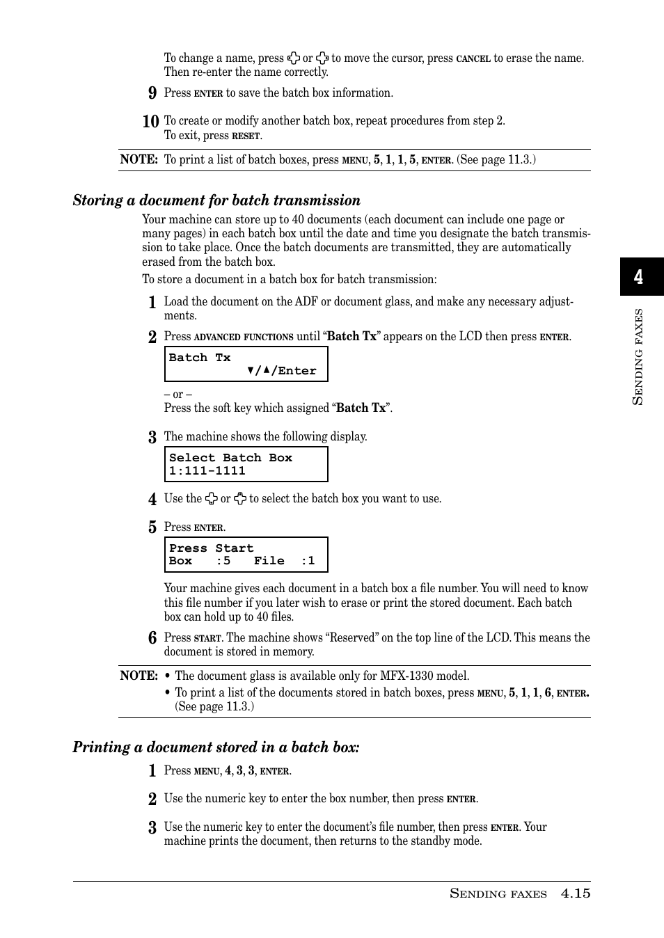 Storing a document for batch transmission, Printing a document stored in a batch box | Muratec PLAIN-PAPER DIGITAL FAX/COPIER/PRINTER/SCANNER MFX-1330 User Manual | Page 79 / 189