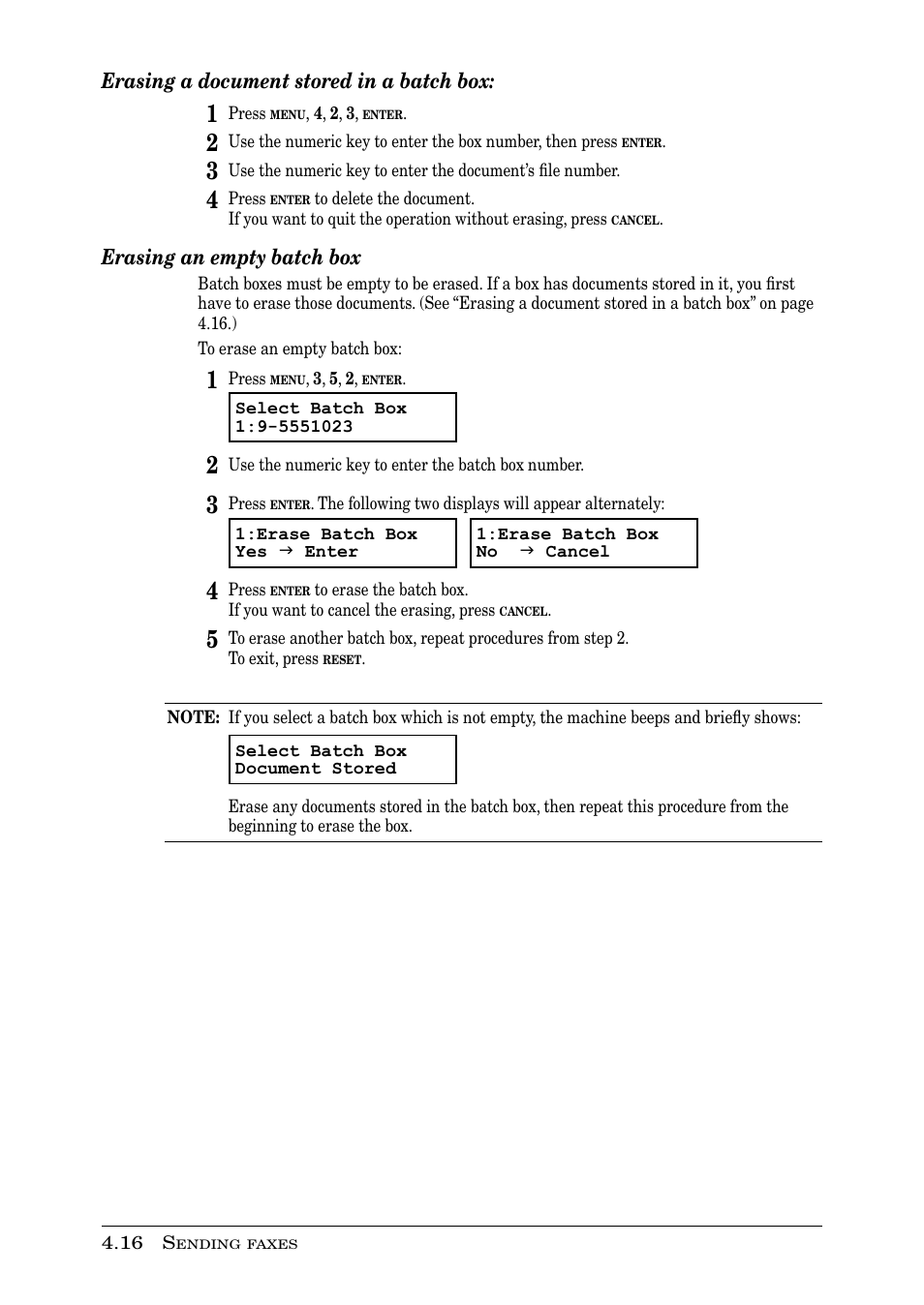 Erasing a document stored in a batch box, Erasing an empty batch box | Muratec PLAIN-PAPER DIGITAL FAX/COPIER/PRINTER/SCANNER MFX-1330 User Manual | Page 80 / 189