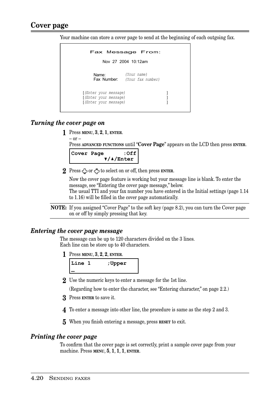 Cover page, Turning the cover page on, Entering the cover page message | Printing the cover page | Muratec PLAIN-PAPER DIGITAL FAX/COPIER/PRINTER/SCANNER MFX-1330 User Manual | Page 84 / 189