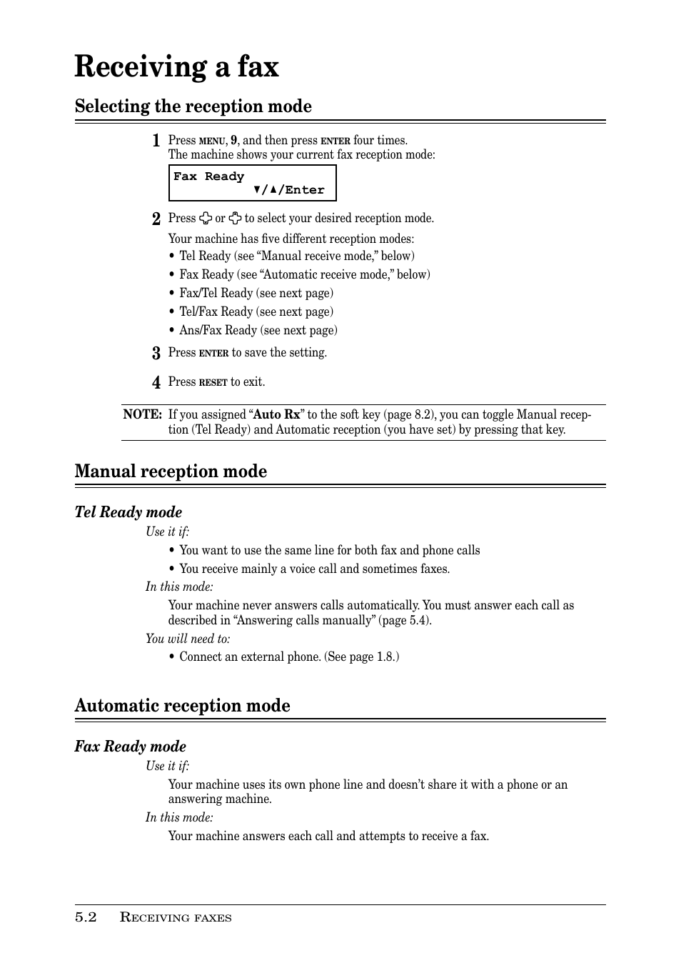 Receiving a fax, Selecting the reception mode 1, Manual reception mode | Automatic reception mode | Muratec PLAIN-PAPER DIGITAL FAX/COPIER/PRINTER/SCANNER MFX-1330 User Manual | Page 88 / 189