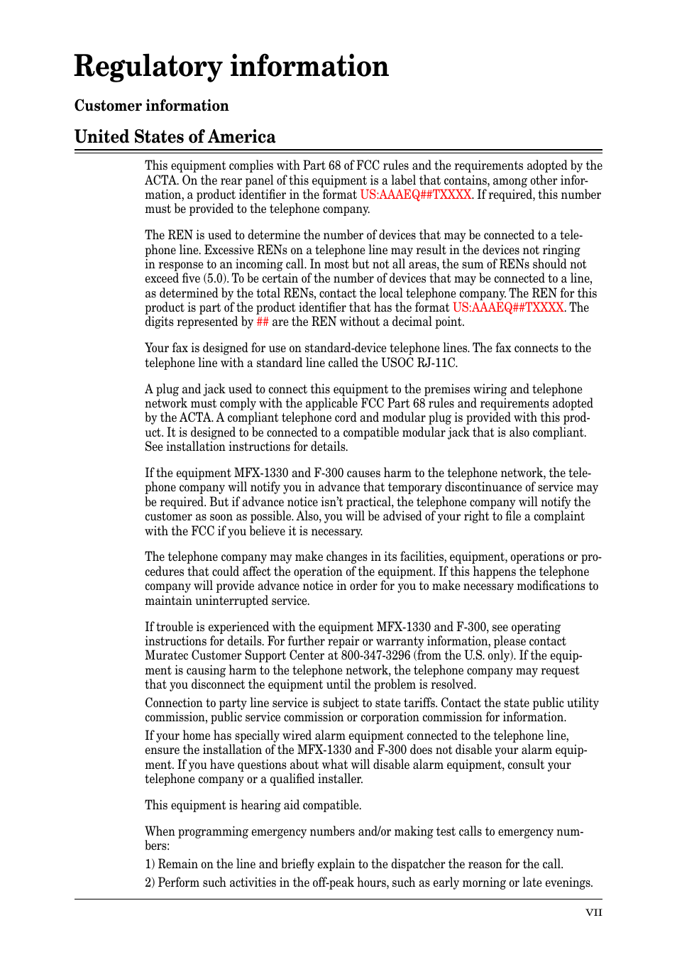 Regulatory information | Muratec PLAIN-PAPER DIGITAL FAX/COPIER/PRINTER/SCANNER MFX-1330 User Manual | Page 9 / 189