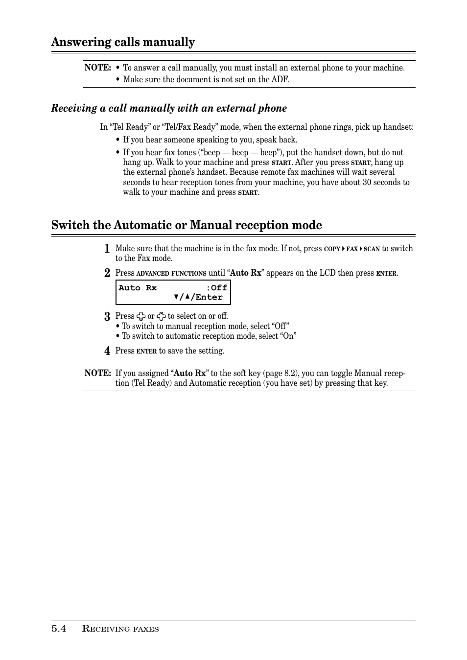 Answering calls manually, Switch the automatic or manual reception mode 1, Receiving a call manually with an external phone | Muratec PLAIN-PAPER DIGITAL FAX/COPIER/PRINTER/SCANNER MFX-1330 User Manual | Page 90 / 189