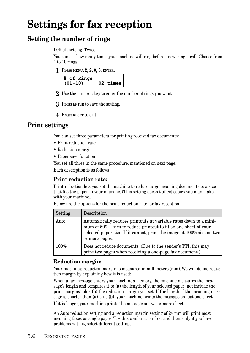 Settings for fax reception, Setting the number of rings, Print settings | Muratec PLAIN-PAPER DIGITAL FAX/COPIER/PRINTER/SCANNER MFX-1330 User Manual | Page 92 / 189