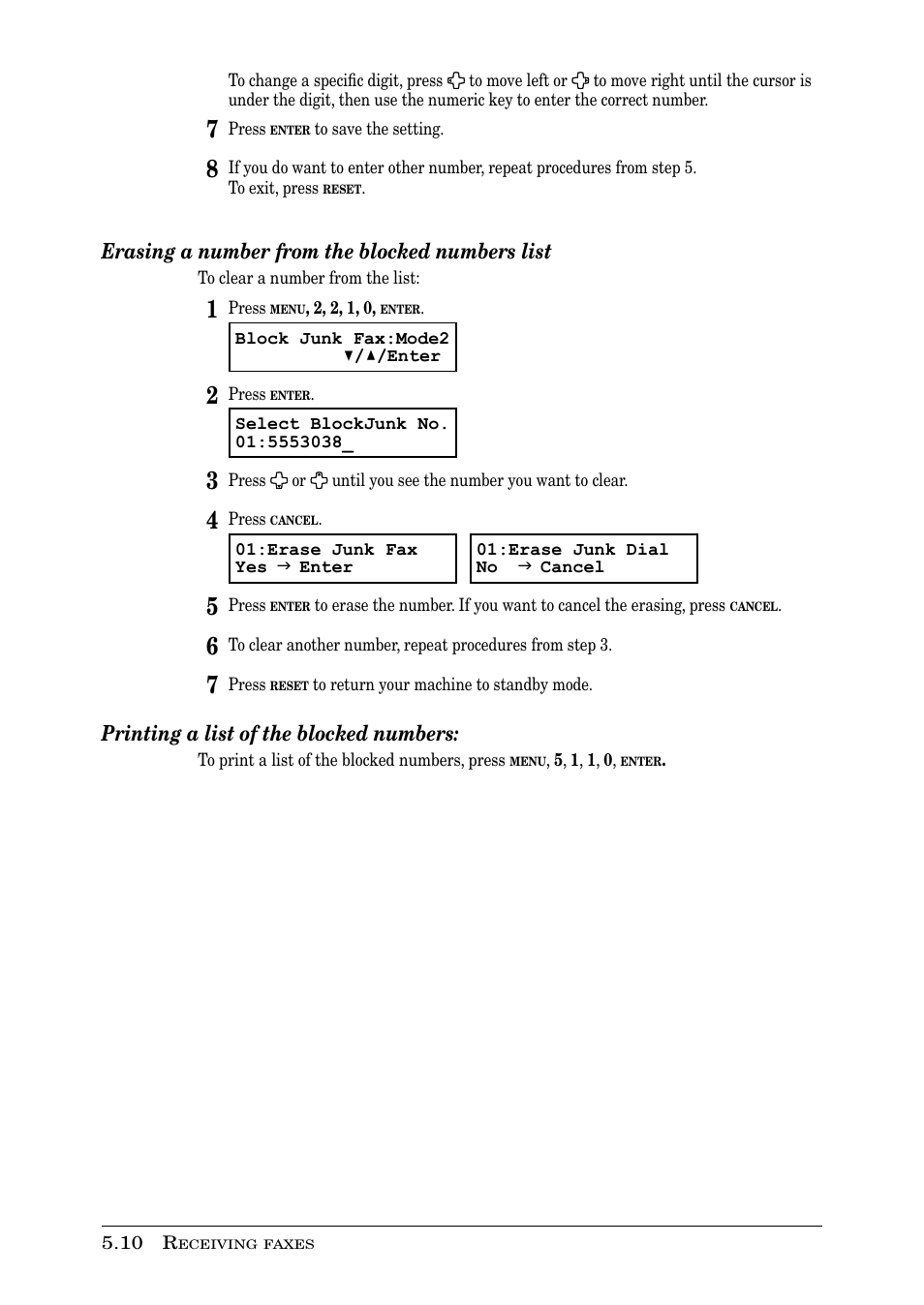 Erasing a number from the blocked numbers list, Printing a list of the blocked numbers | Muratec PLAIN-PAPER DIGITAL FAX/COPIER/PRINTER/SCANNER MFX-1330 User Manual | Page 96 / 189