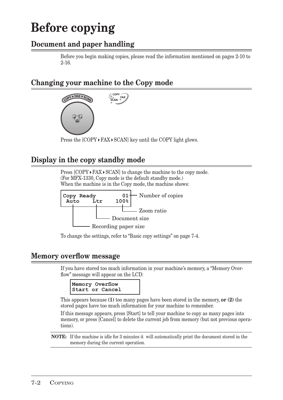 Before copying, Document and paper handling, Changing your machine to the copy mode | Display in the copy standby mode | Muratec F-300 User Manual | Page 114 / 191