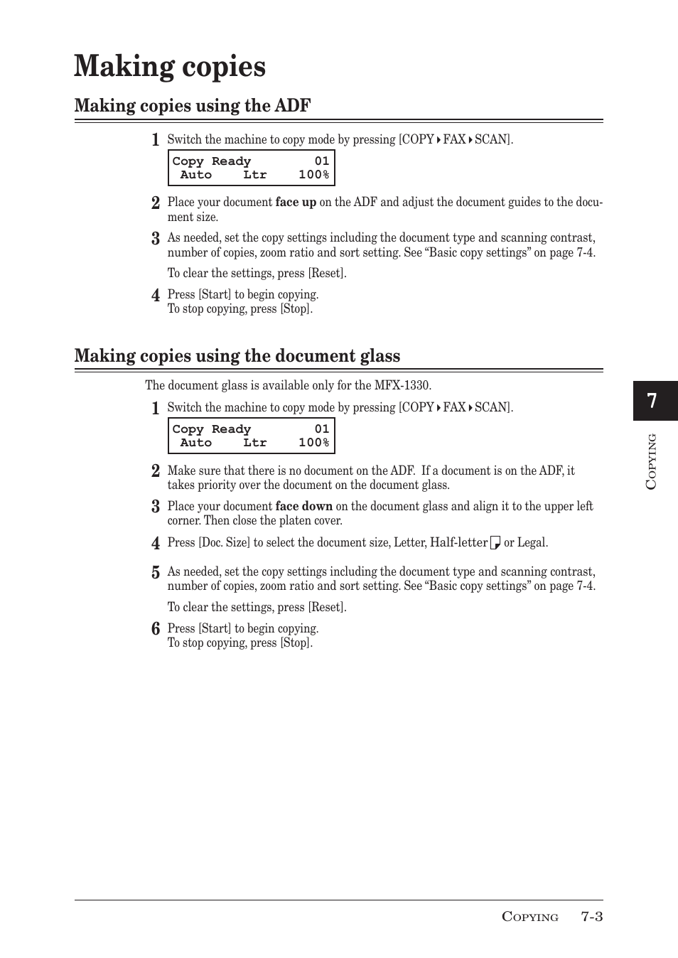 Making copies, Making copies using the adf 1, Making copies using the document glass | Muratec F-300 User Manual | Page 115 / 191