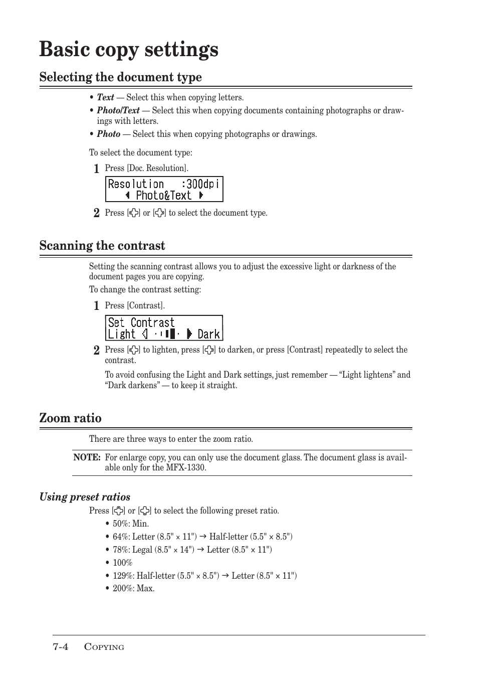 Basic copy settings, Selecting the document type, Scanning the contrast | Zoom ratio | Muratec F-300 User Manual | Page 116 / 191