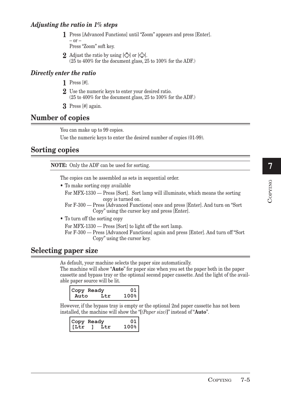 Number of copies, Sorting copies, Selecting paper size | Muratec F-300 User Manual | Page 117 / 191