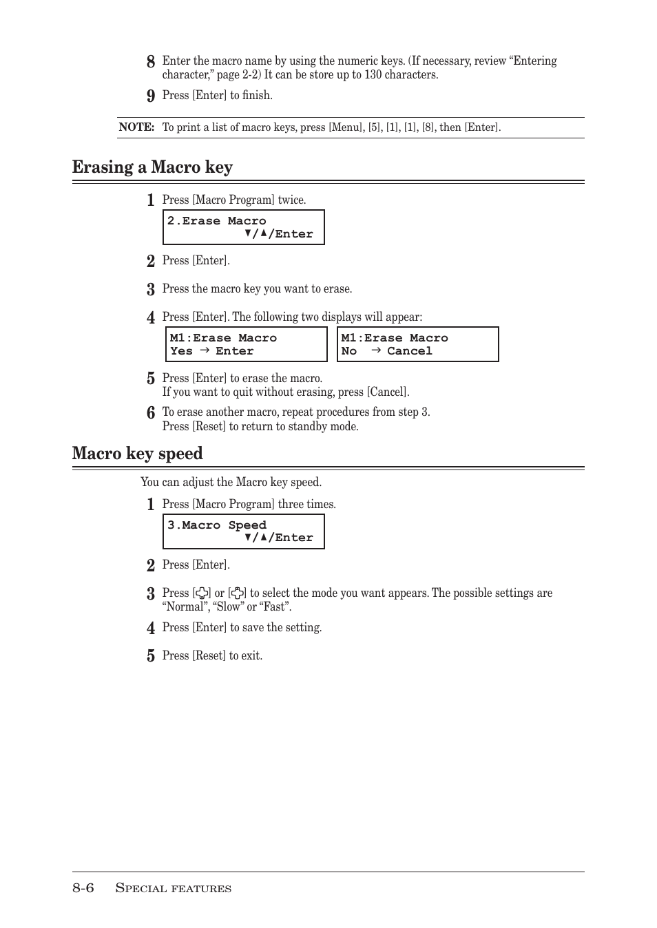 Erasing a macro key 1, Macro key speed | Muratec F-300 User Manual | Page 130 / 191