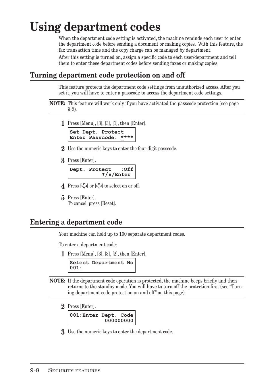 Using department codes, Turning department code protection on and off, Entering a department code | Muratec F-300 User Manual | Page 140 / 191
