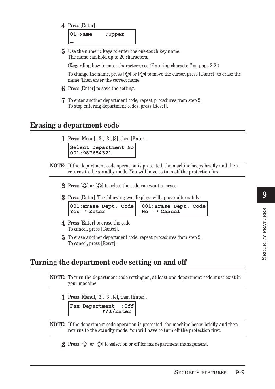Erasing a department code 1, Turning the department code setting on and off | Muratec F-300 User Manual | Page 141 / 191