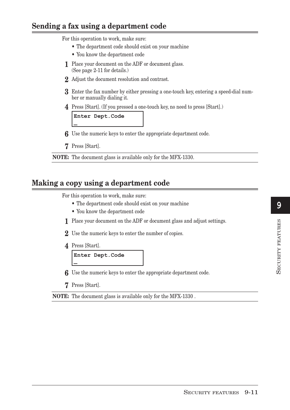Sending a fax using a department code, Making a copy using a department code | Muratec F-300 User Manual | Page 143 / 191