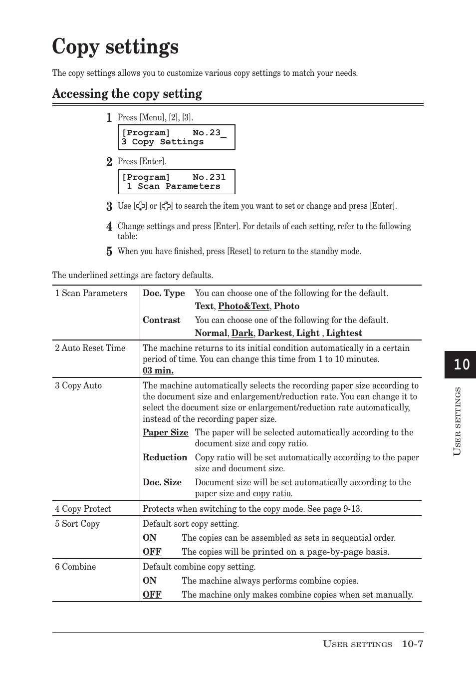 Copy settings, Accessing the copy setting 1 | Muratec F-300 User Manual | Page 153 / 191