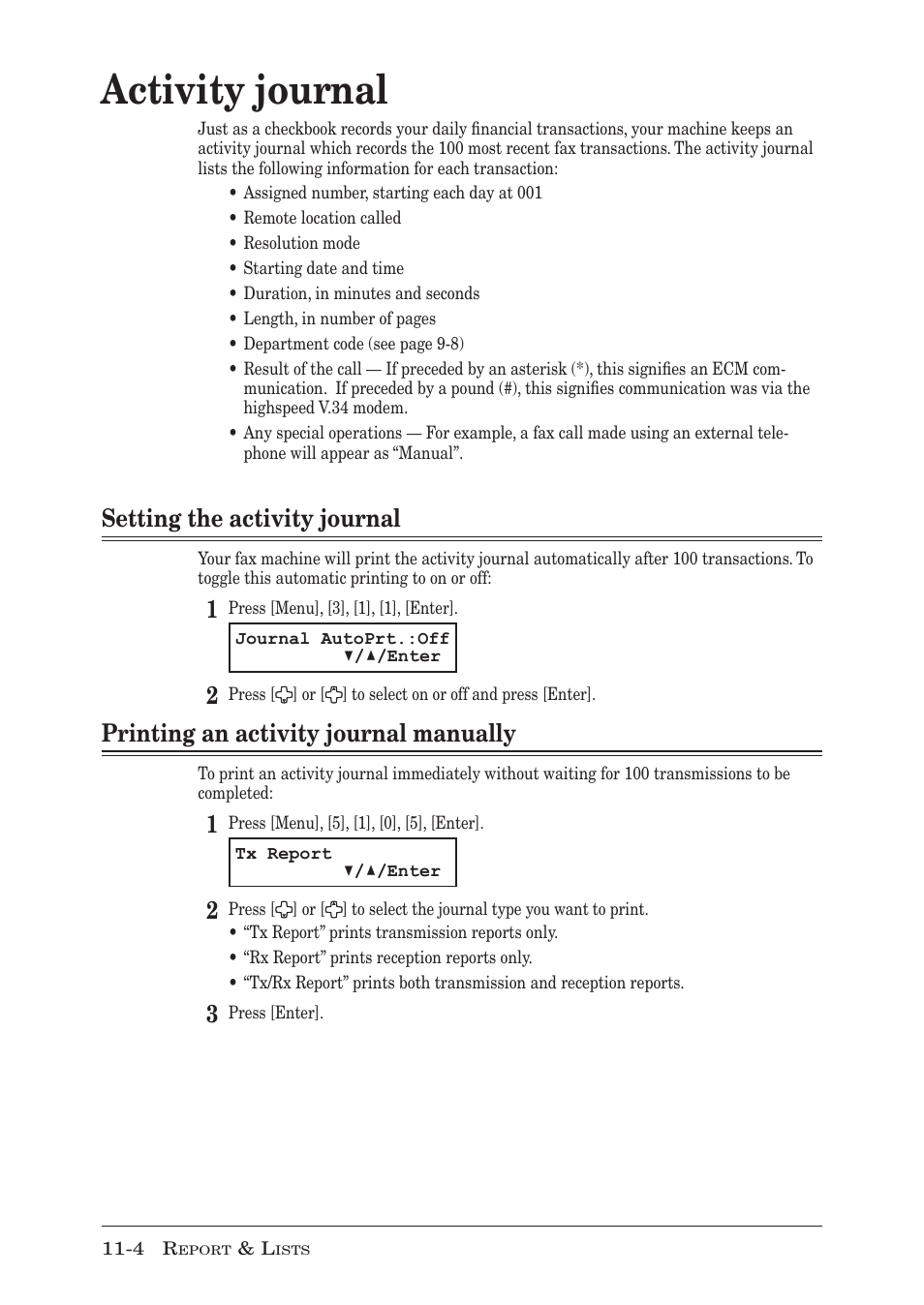 Activity journal, Setting the activity journal, Printing an activity journal manually | Muratec F-300 User Manual | Page 158 / 191