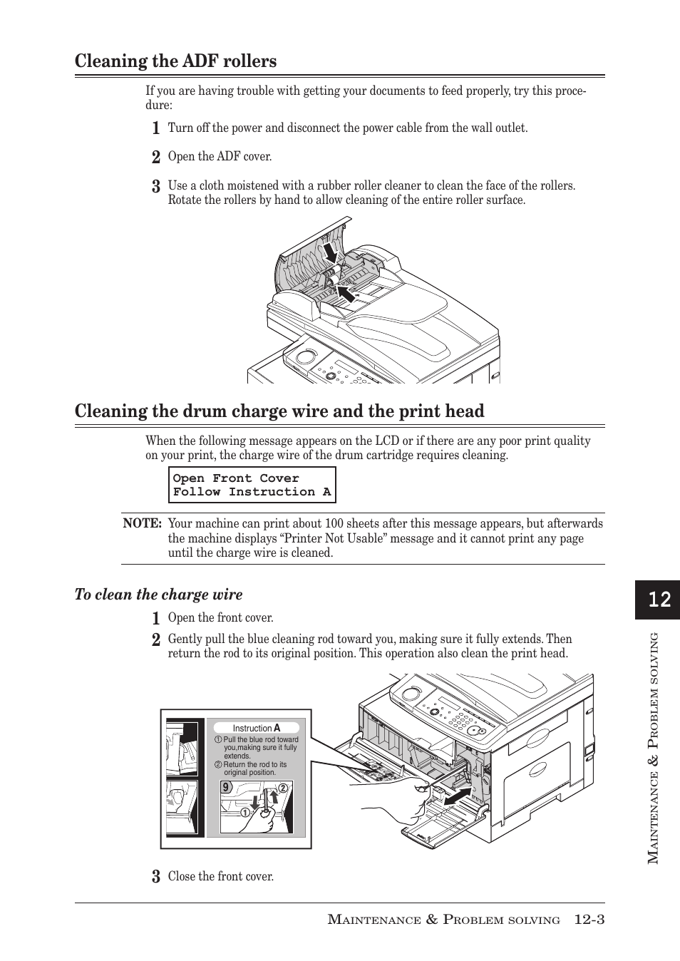 Cleaning the adf rollers, Cleaning the drum charge wire and the print head | Muratec F-300 User Manual | Page 163 / 191