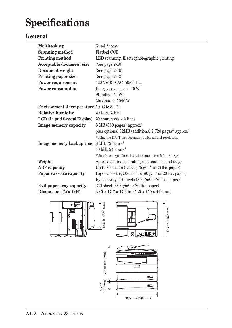 Speciﬁcations, General | Muratec F-300 User Manual | Page 186 / 191