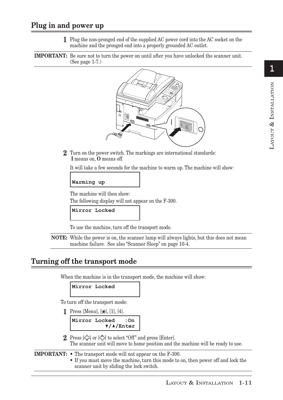 Plug in and power up 1, Turning off the transport mode | Muratec F-300 User Manual | Page 29 / 191
