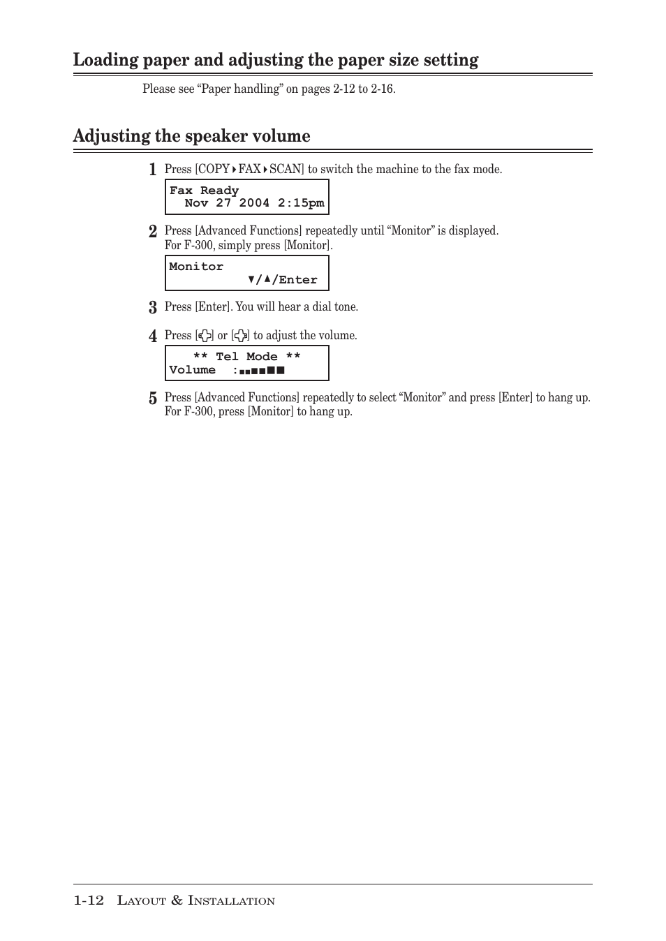 Loading paper and adjusting the paper size setting, Adjusting the speaker volume 1 | Muratec F-300 User Manual | Page 30 / 191