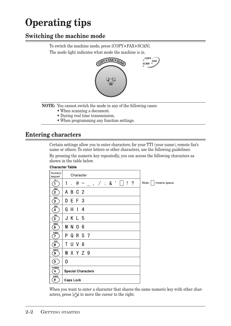 Operating tips, Switching the machine mode, Entering characters | Muratec F-300 User Manual | Page 38 / 191