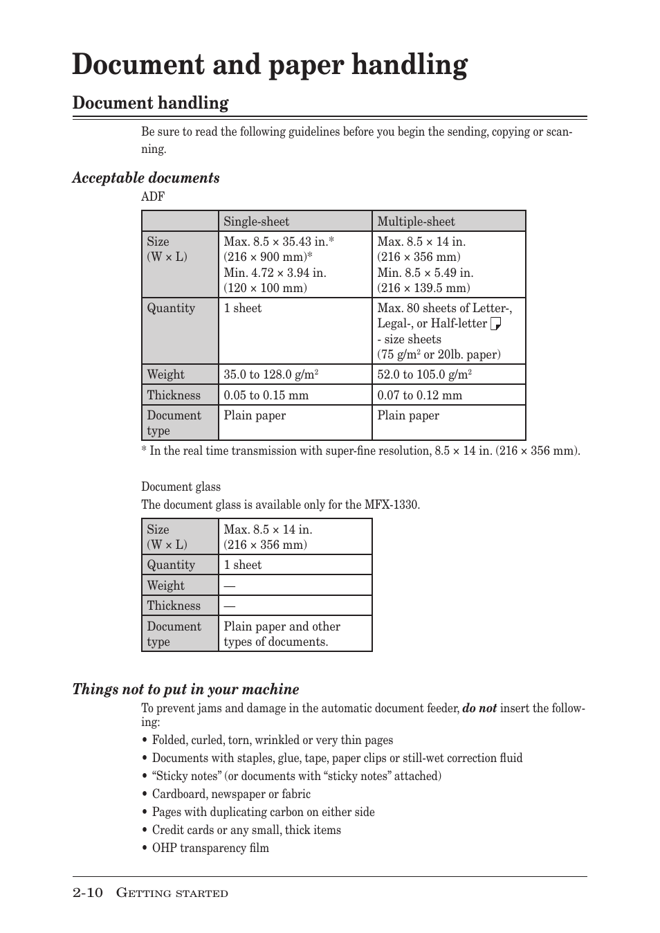Document and paper handling, Document handling, Acceptable documents | Things not to put in your machine | Muratec F-300 User Manual | Page 46 / 191