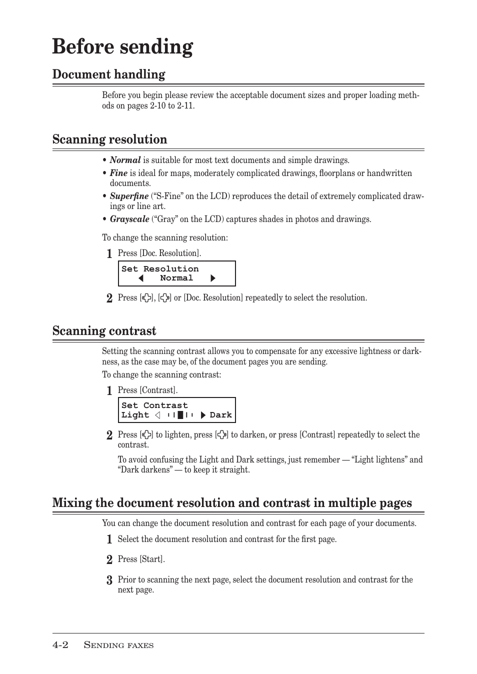 Before sending, Document handling, Scanning resolution | Scanning contrast | Muratec F-300 User Manual | Page 66 / 191