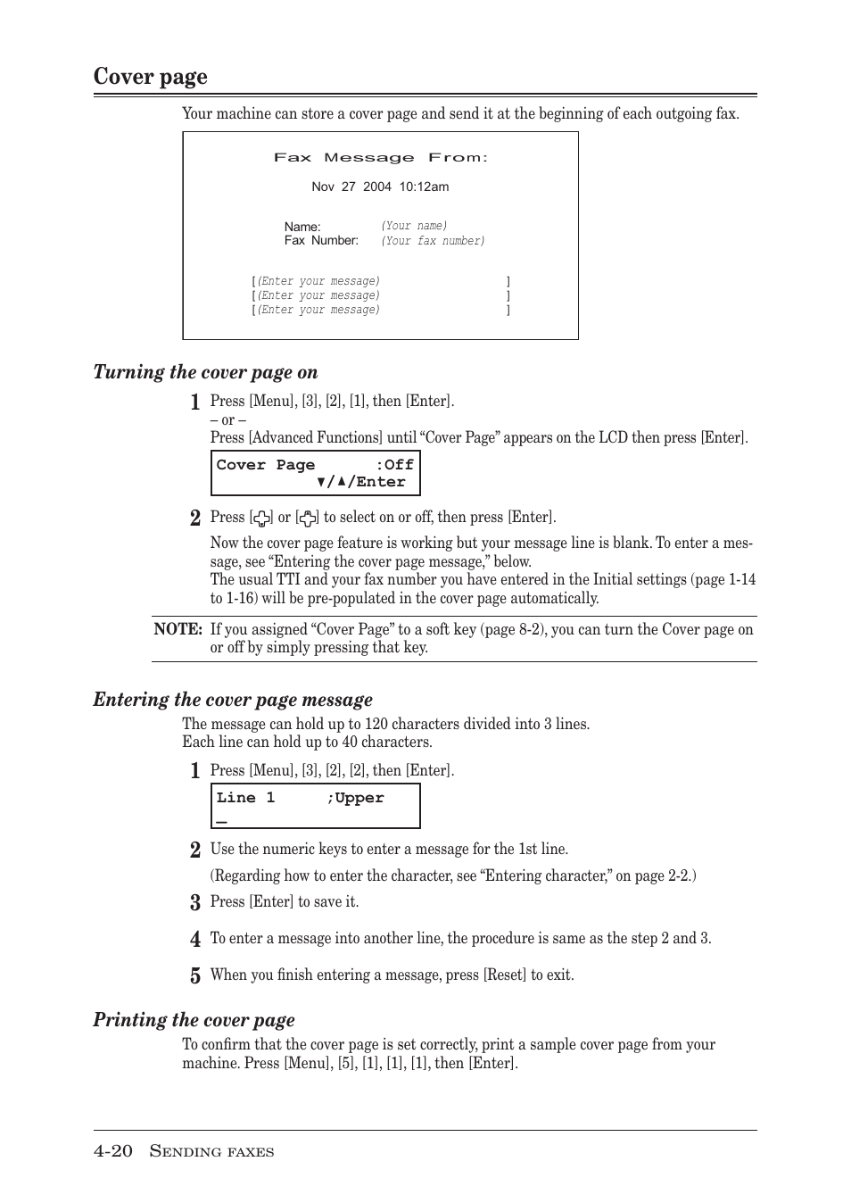 Cover page, Turning the cover page on, Entering the cover page message | Printing the cover page | Muratec F-300 User Manual | Page 84 / 191