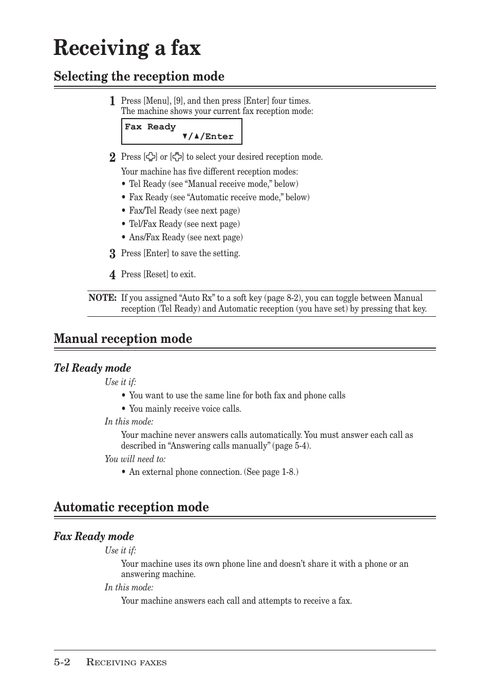 Receiving a fax, Selecting the reception mode 1, Manual reception mode | Automatic reception mode | Muratec F-300 User Manual | Page 88 / 191