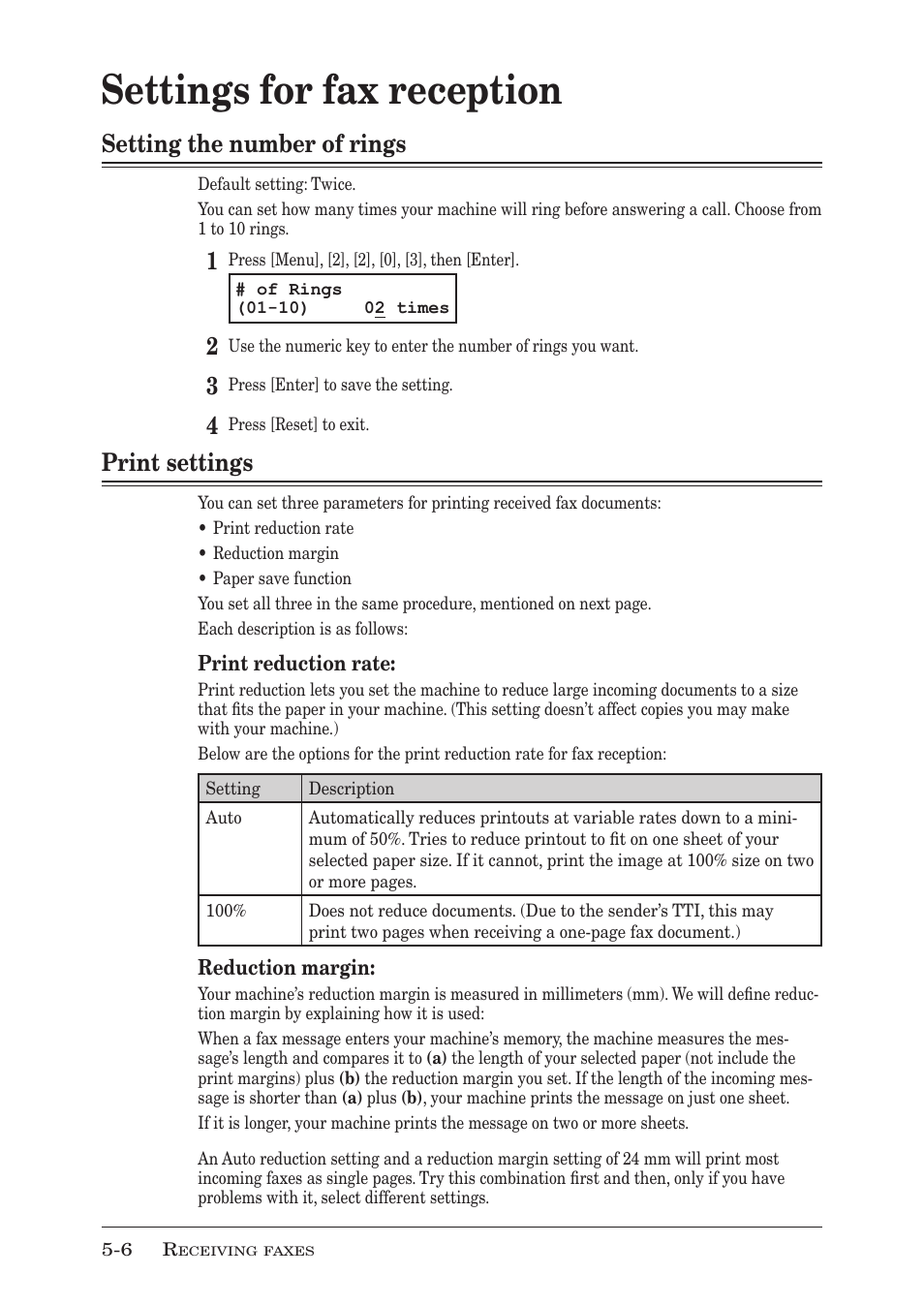 Settings for fax reception, Setting the number of rings, Print settings | Muratec F-300 User Manual | Page 92 / 191