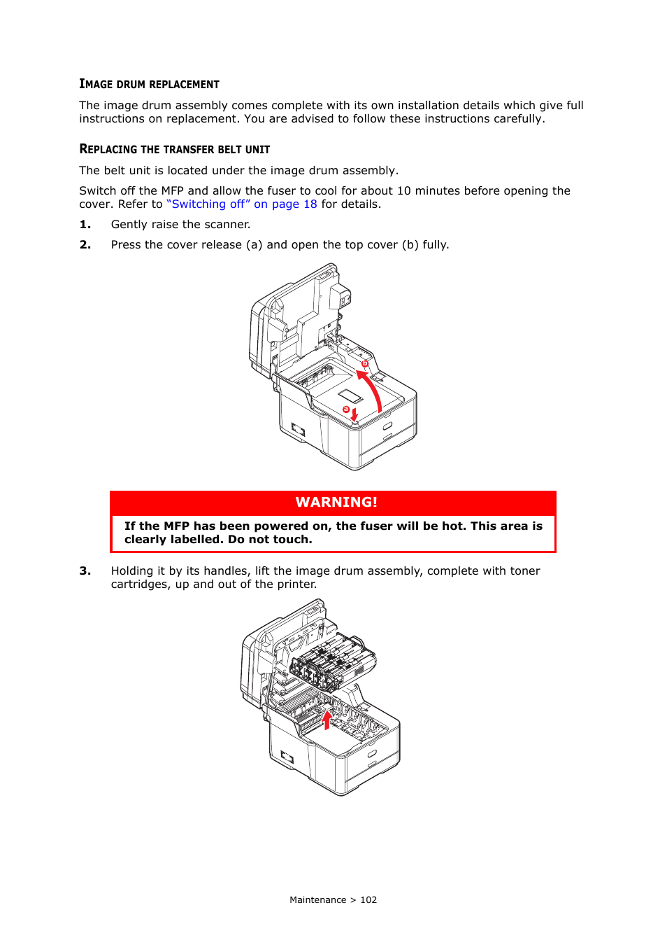 Image drum replacement, Replacing the transfer belt unit | Muratec MFX-C2700 User Manual | Page 102 / 166