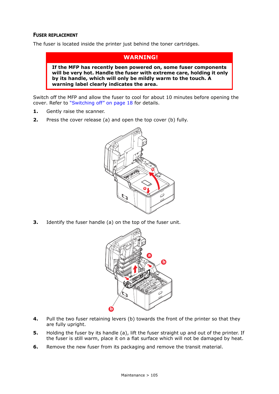 Fuser replacement, Warning | Muratec MFX-C2700 User Manual | Page 105 / 166