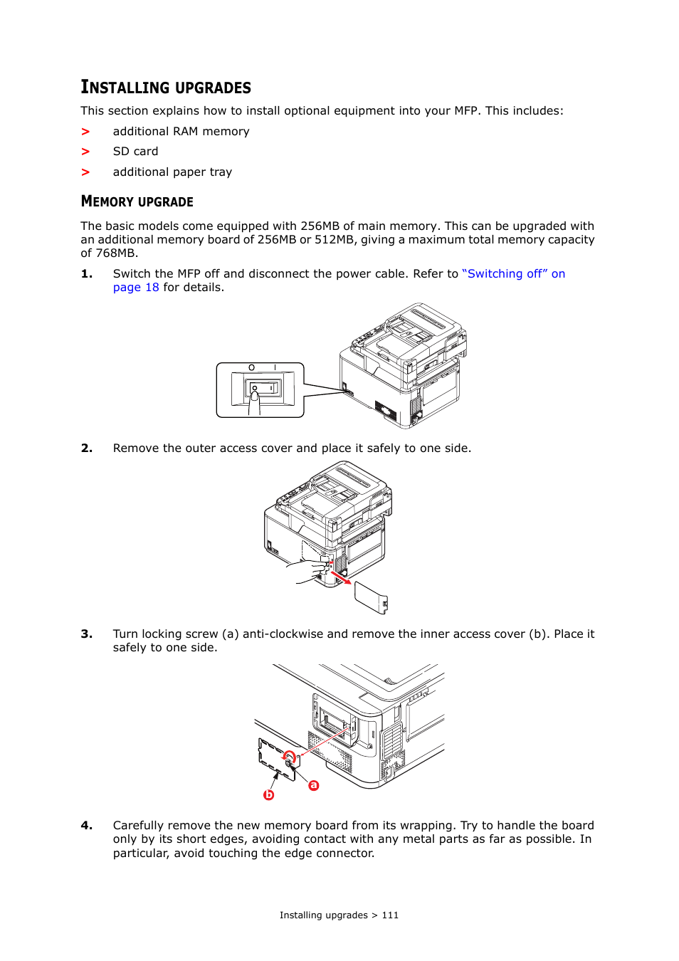 Installing upgrades, Memory upgrade, Nstalling | Upgrades | Muratec MFX-C2700 User Manual | Page 111 / 166