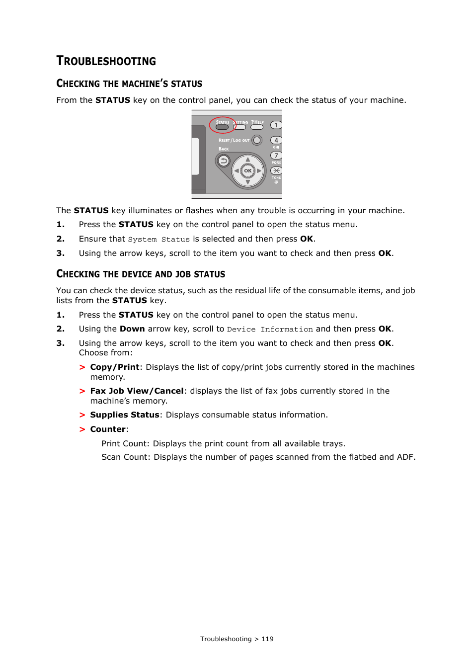 Troubleshooting, Checking the machine’s status, Checking the device and job status | Roubleshooting | Muratec MFX-C2700 User Manual | Page 119 / 166