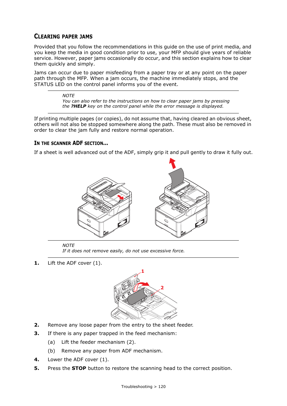 Clearing paper jams, In the scanner adf section, Jams, refer to | Clearing paper jams” on | Muratec MFX-C2700 User Manual | Page 120 / 166