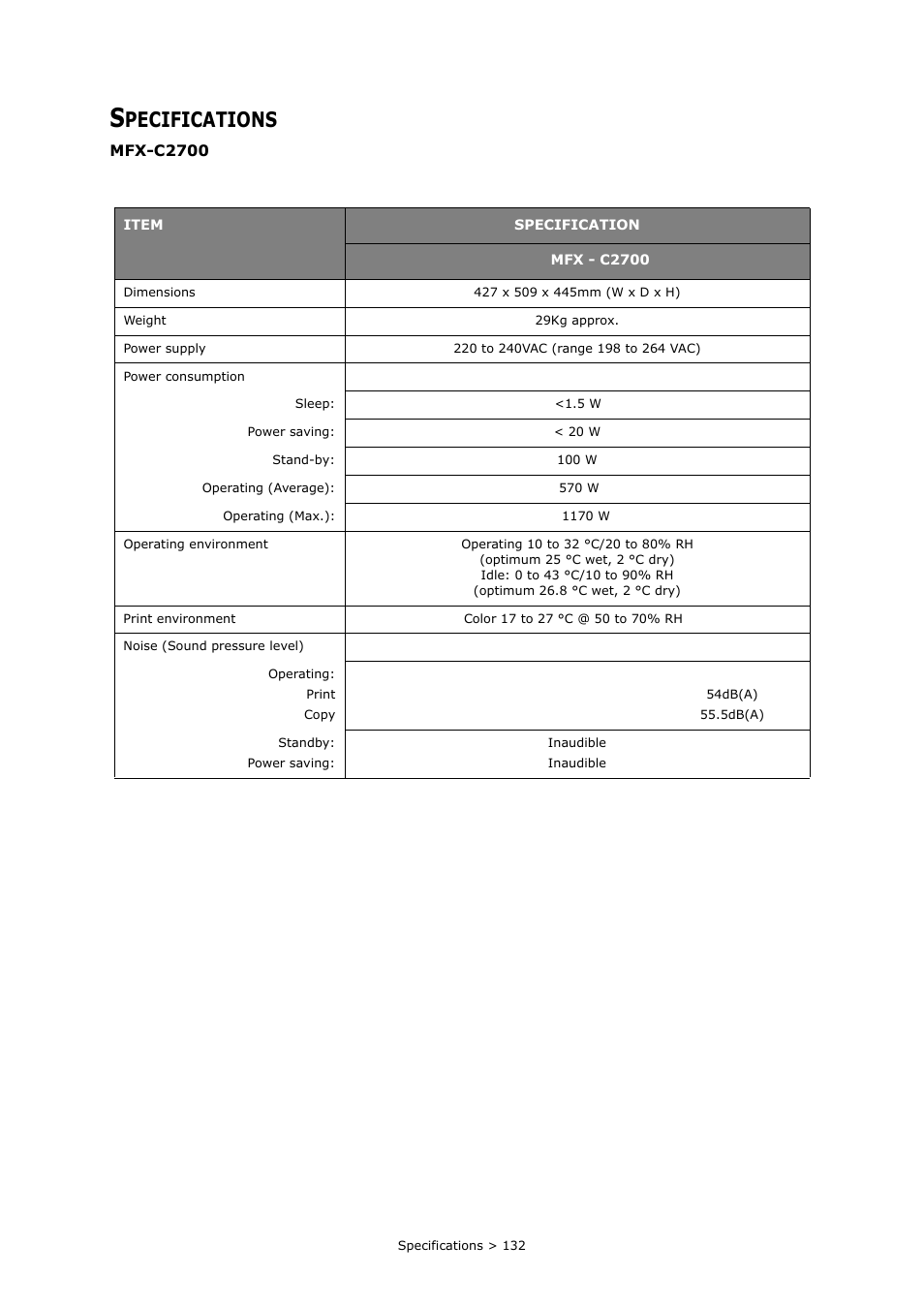 Specifications, Pecifications | Muratec MFX-C2700 User Manual | Page 132 / 166