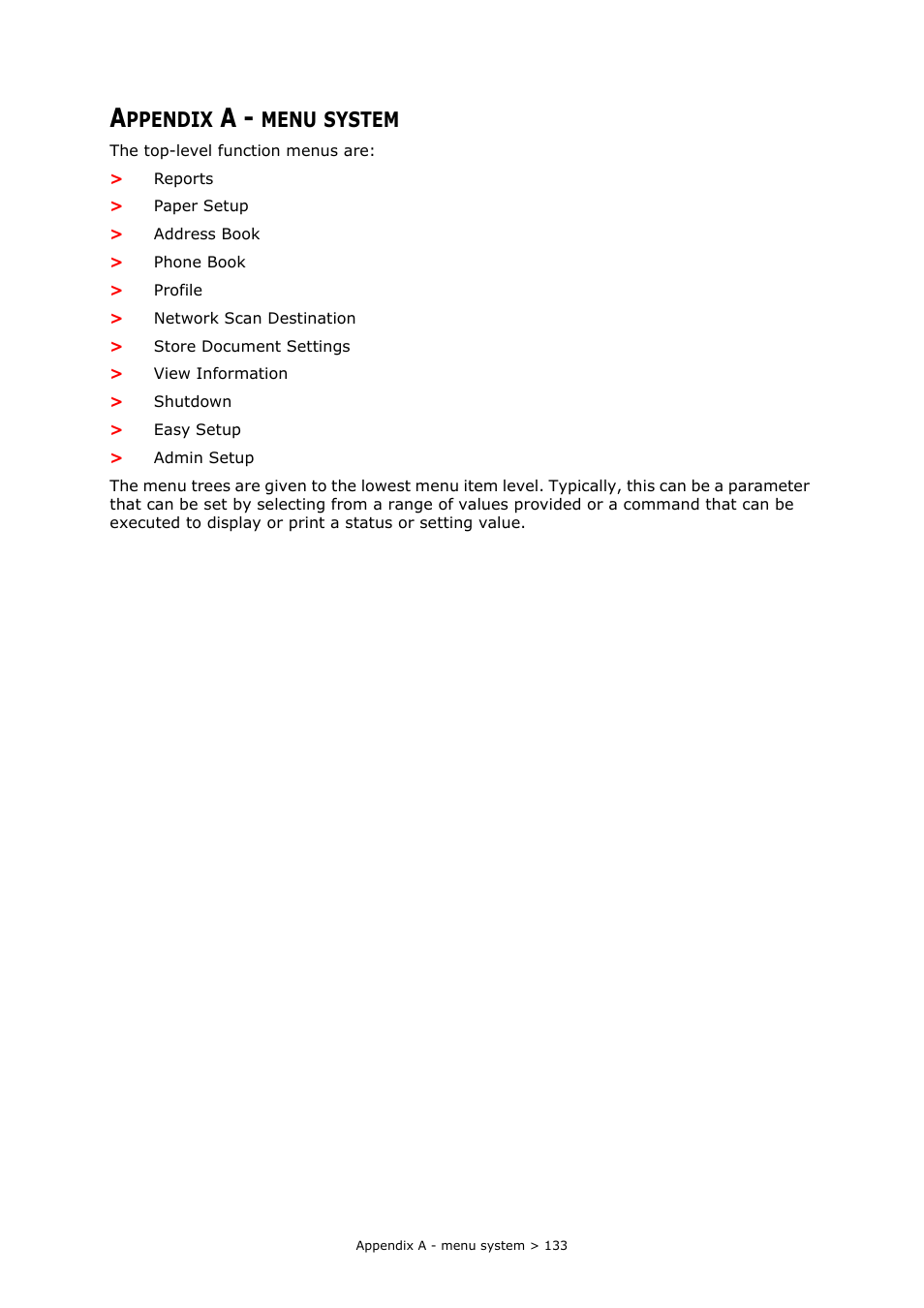 Appendix a - menu system, Ppendix, Menu | System | Muratec MFX-C2700 User Manual | Page 133 / 166