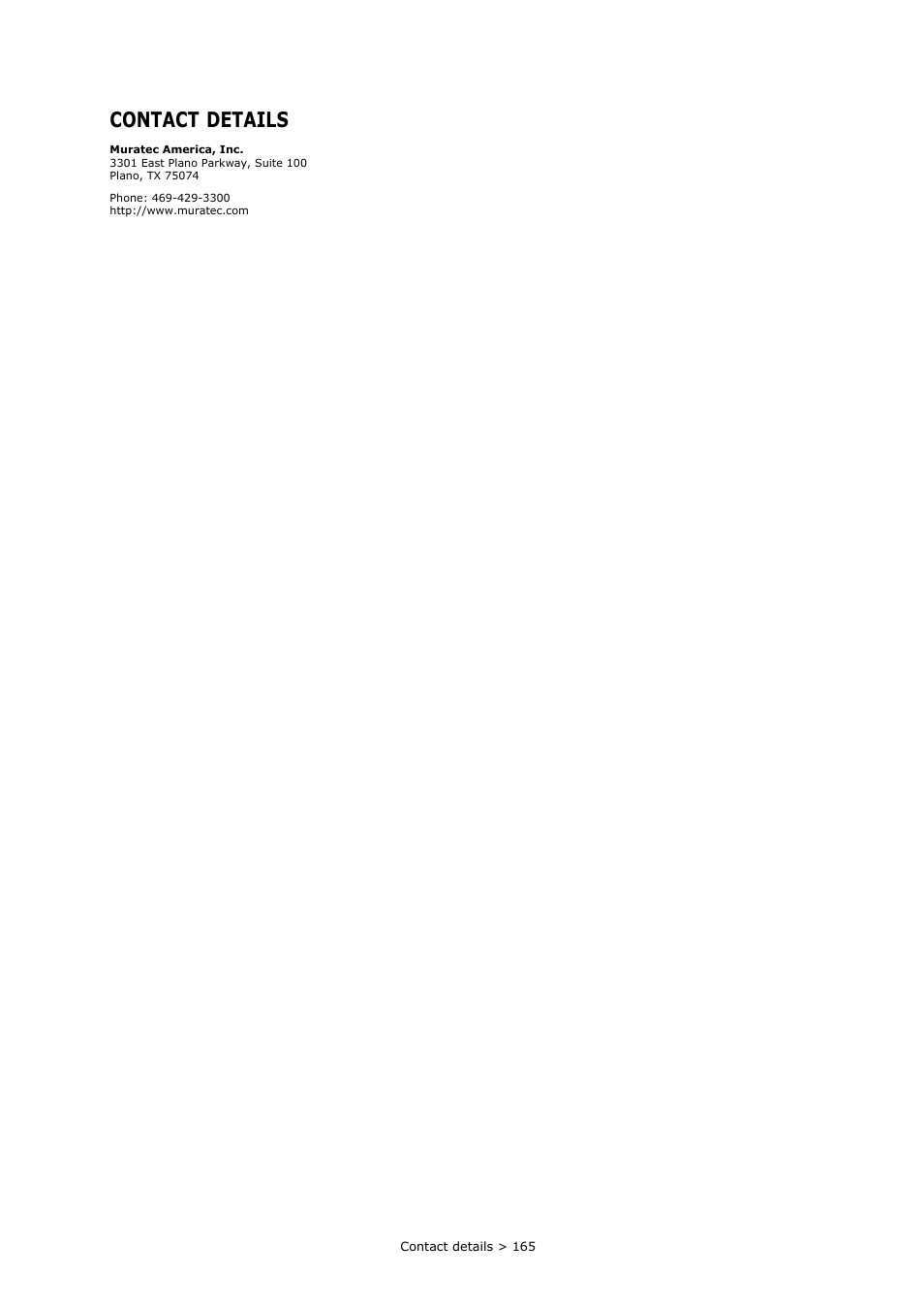 Muratec contact details, Muratec, Contact details | Contact, Details | Muratec MFX-C2700 User Manual | Page 165 / 166
