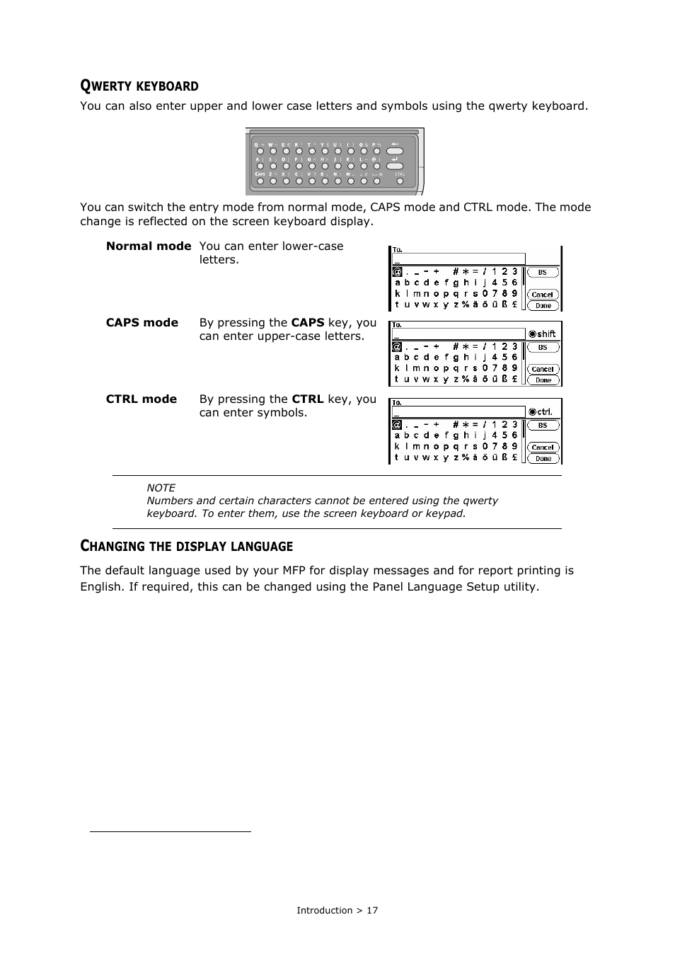 Qwerty keyboard, Changing the display language | Muratec MFX-C2700 User Manual | Page 17 / 166