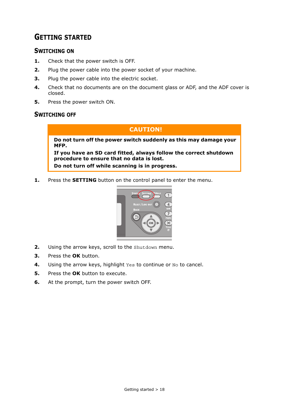 Getting started, Switching on, Switching off | Etting, Started | Muratec MFX-C2700 User Manual | Page 18 / 166