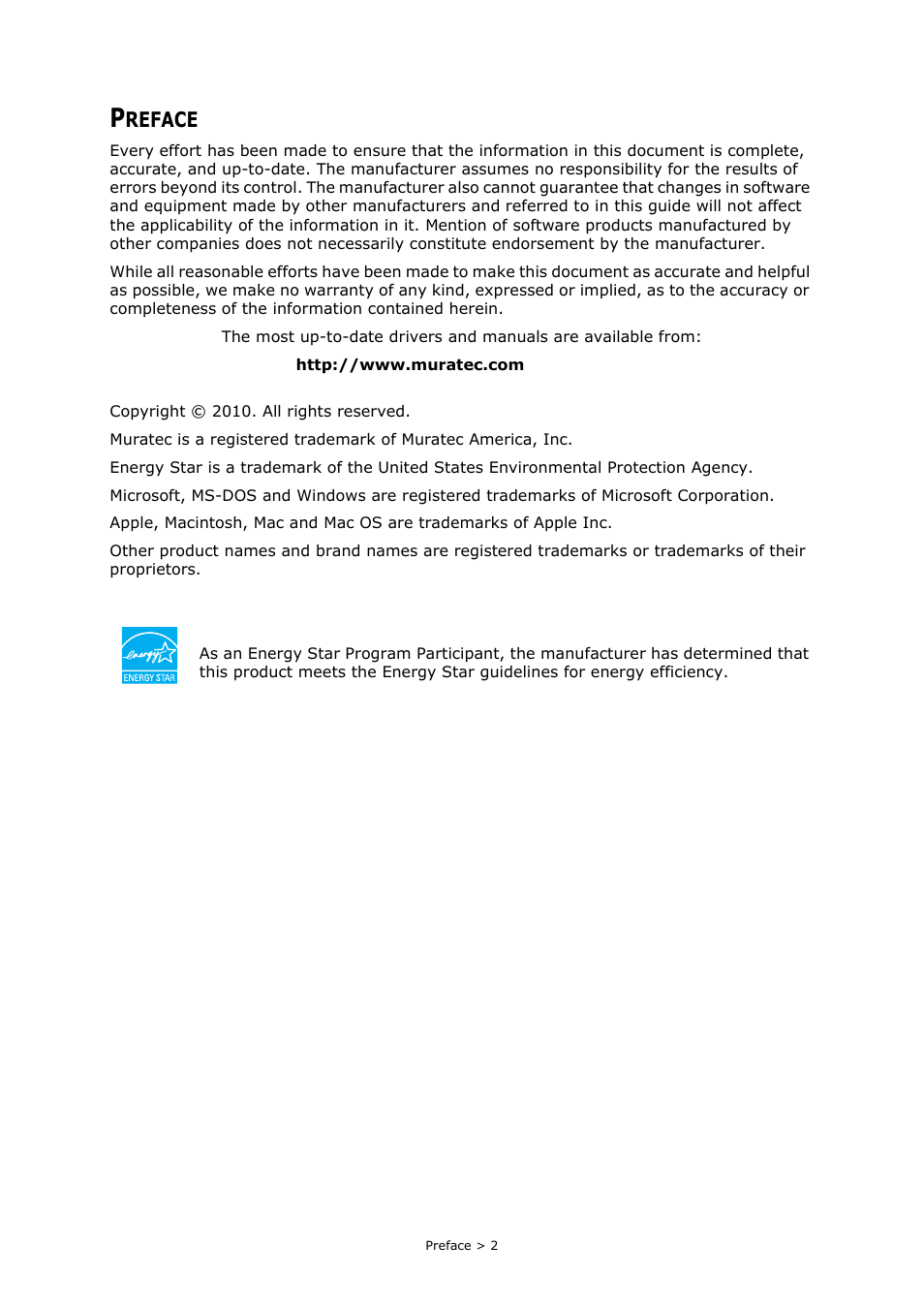 Preface, Reface | Muratec MFX-C2700 User Manual | Page 2 / 166