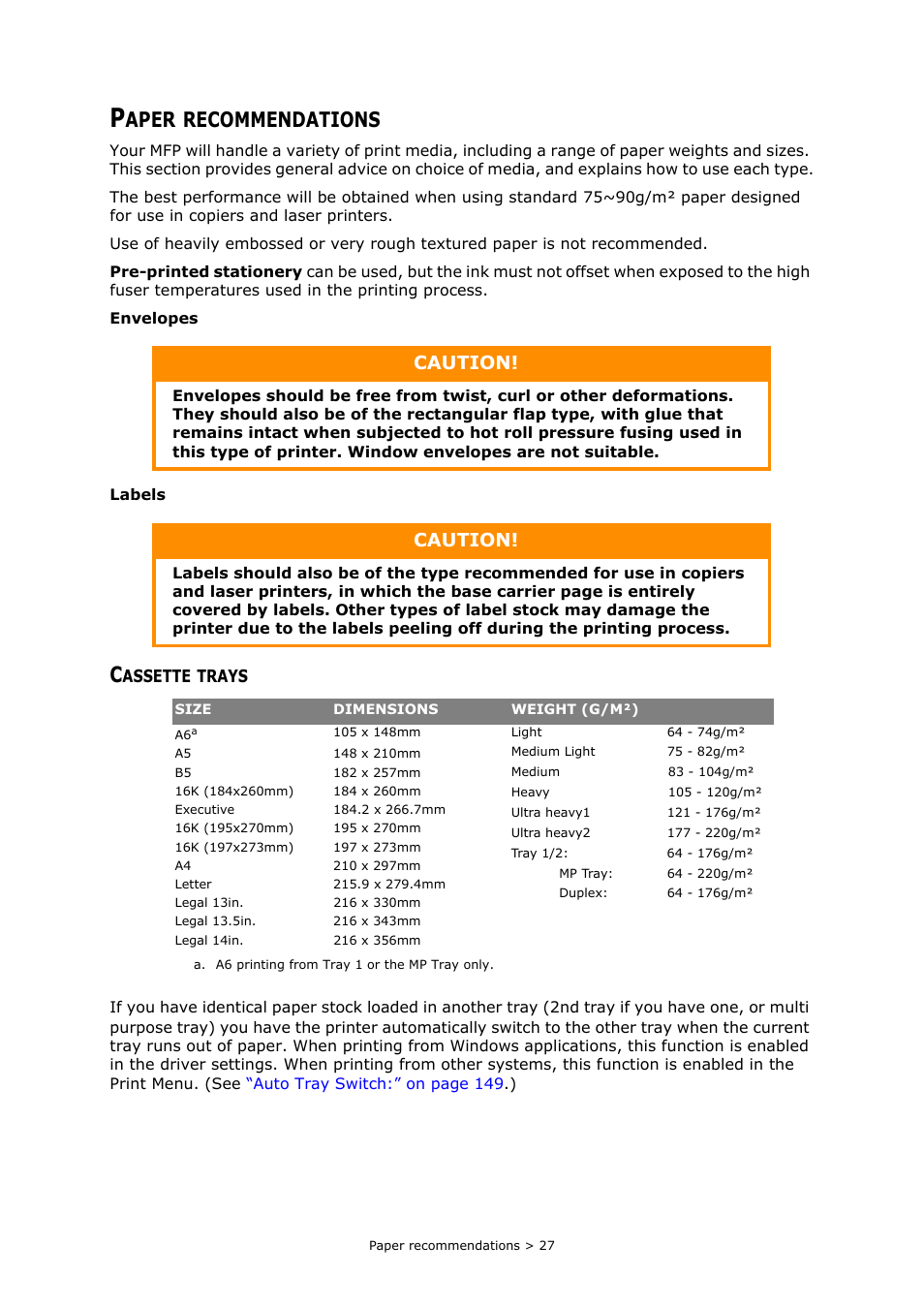 Paper recommendations, Cassette trays, Aper | Recommendations, Caution | Muratec MFX-C2700 User Manual | Page 27 / 166
