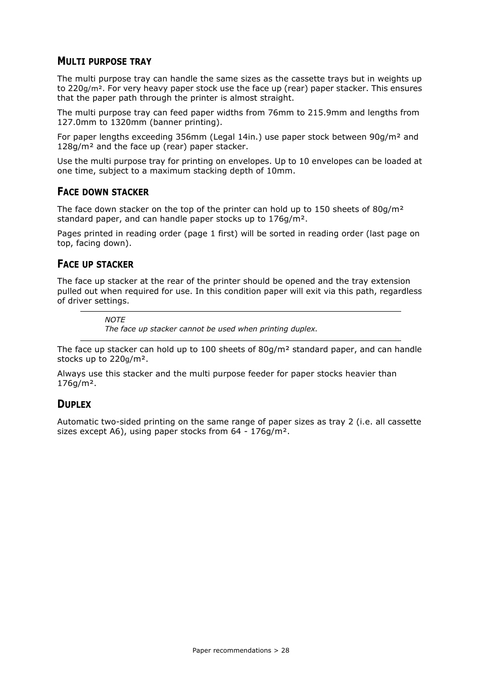 Multi purpose tray, Face down stacker, Face up stacker | Duplex | Muratec MFX-C2700 User Manual | Page 28 / 166